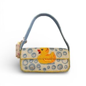 Playful Duck Embroidered Shoulder Bag - Blue and Yellow